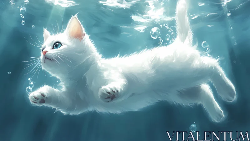 White Cat Swimming Underwater in Turquoise Water.