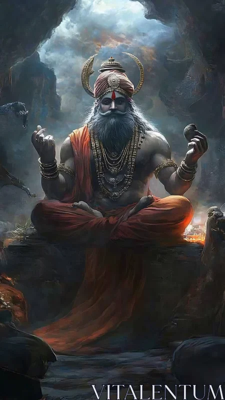 Mythic sage in cavernous meditation with divine aura.