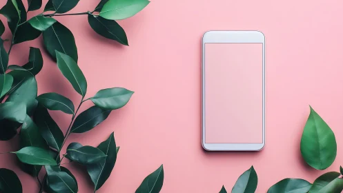 Smartphone with foliage arrangement on pink surface.