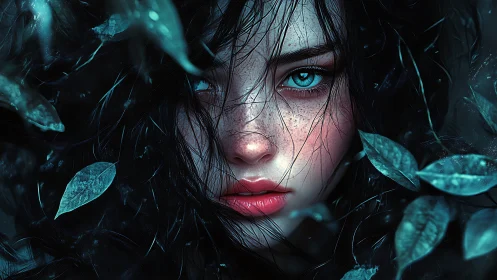 Enchanted teal gaze emerging from shadowed forest veil.