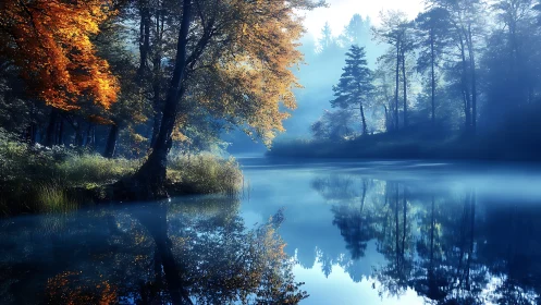 Golden autumn trees lean over a calm, misty blue river