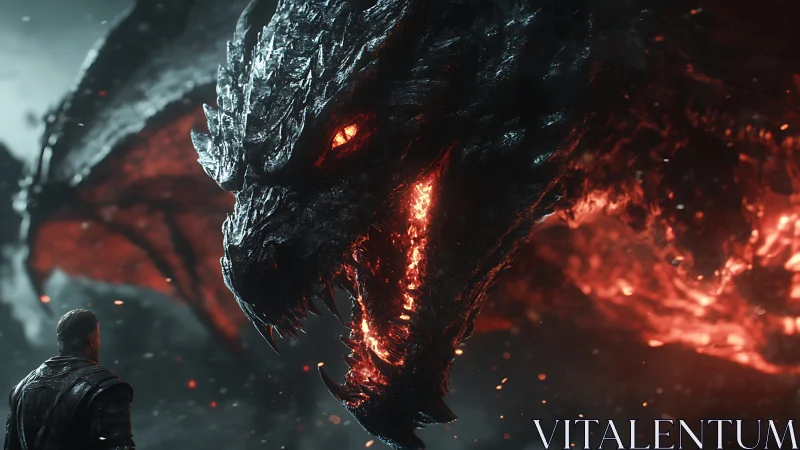 Molten inferno dragon confronting lone armored warrior.