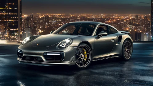 High-gloss sports coupe rendered with reflective city night lighting