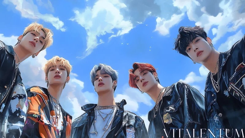 Five stylized young men pose outdoors under bright blue sky