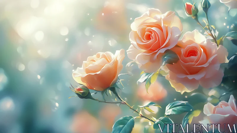 Soft-focus digital rendering of coral roses with bokeh background
