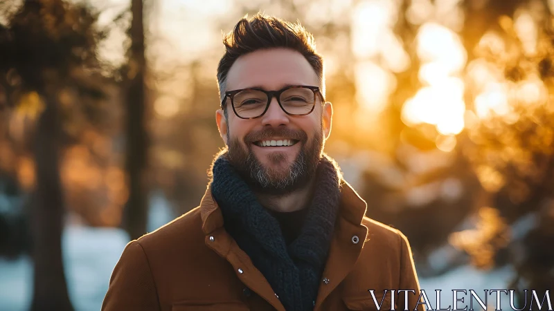 Smiling man outdoors in winter sunset forest portrait.