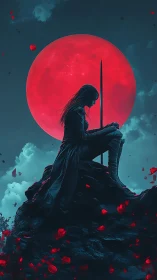 Silhouetted warrior with sword before red lunar disc.