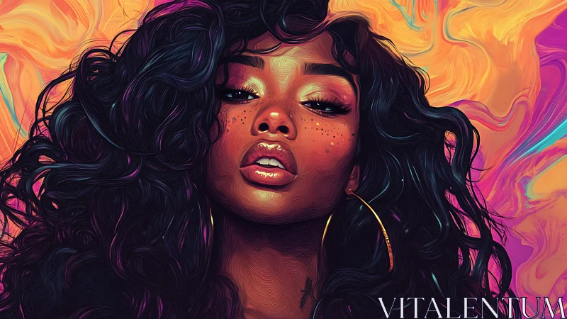 Chromatic vector portrait with fluid hair-field dynamics.