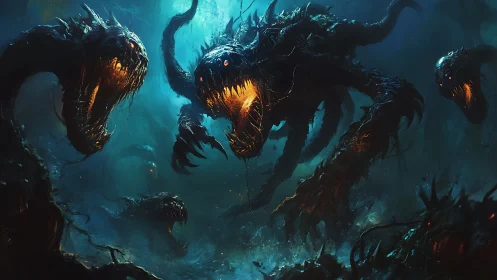 Abyssal hydra demons lunging through glowing deep sea.