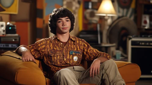 Relaxed teen on mustard sofa in retro styled living room