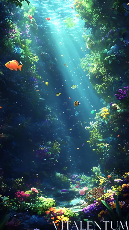 Sunlit coral canyon reveals a glowing underwater sanctuary.