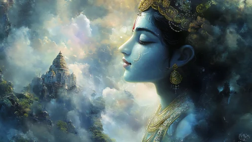 Mythic blue goddess profile amid misty temple cliffs.