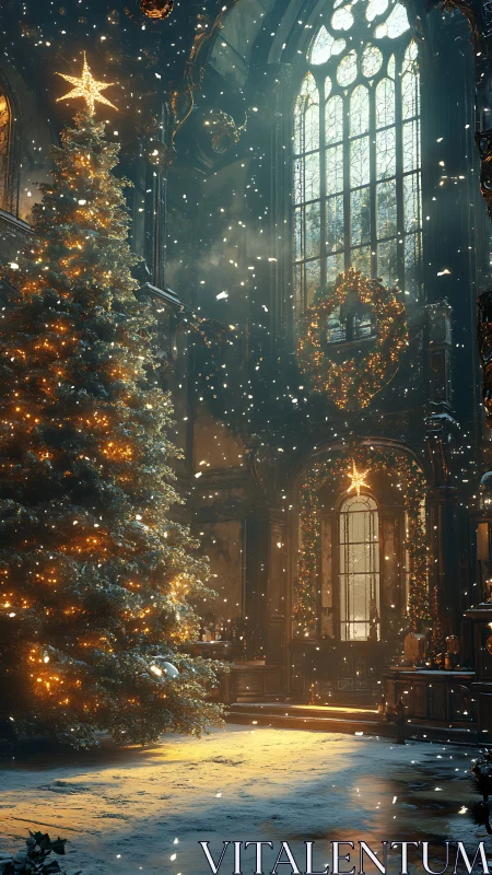 Majestic Christmas tree glows warmly inside a snowy chapel