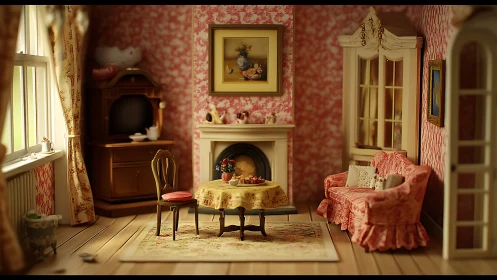 Miniature Victorian parlor glows with warm afternoon light.