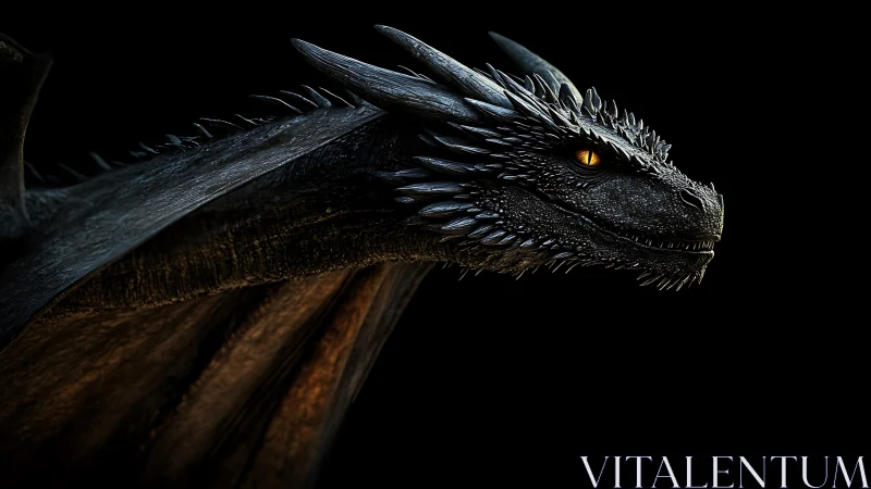 Midnight obsidian dragon poised in ember-eyed silence.