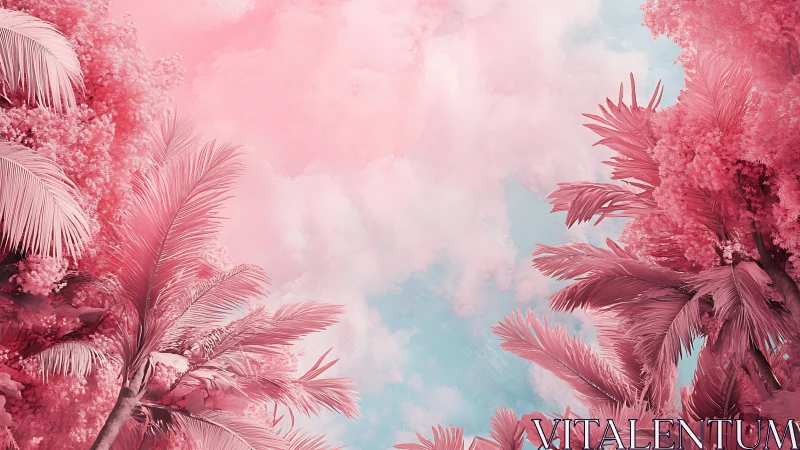 Pink-toned palm foliage framing cloudy daytime sky.