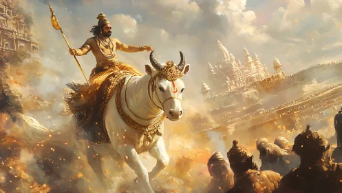 Sunlit warrior-king astride divine white steed in golden storm.