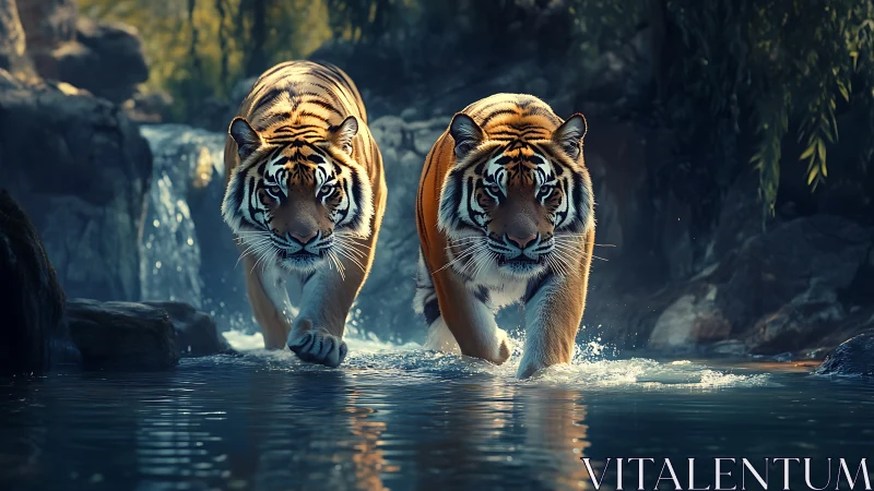 Two Bengal Tigers Crossing Stream Through Forest