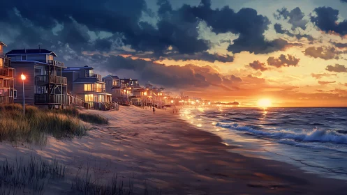 Sunset stroll beside glowing beach houses and gentle waves.
