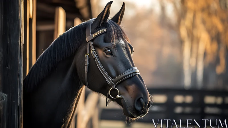 Black horse in leather bridle beside stable doorway.