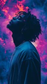 Profile portrait in neon smoke with blue and magenta glow.