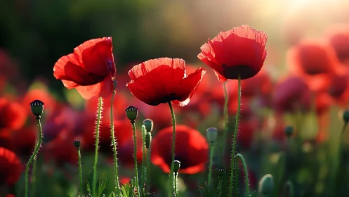 Radiant Poppies Ablaze in Gilded Sunlight.