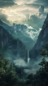 Mystic mountain waterfall sinks into a fog-veiled valley