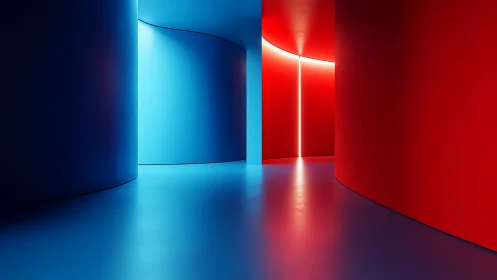 Minimal curved hallway in blue and red light contrast.