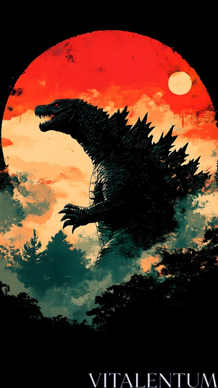 Silhouetted Kaiju Profile Against Textured Crimson Sunscape.
