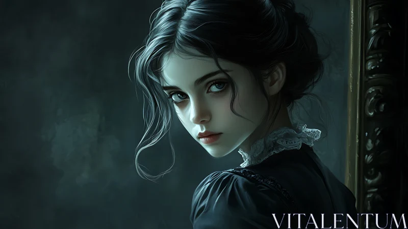 Dark-haired young woman in moody Victorian portrait.