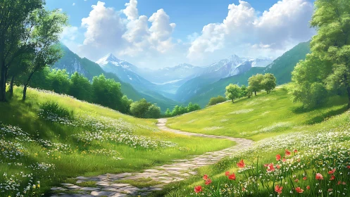 Sunlit stone path winds through bright alpine wildflower valley