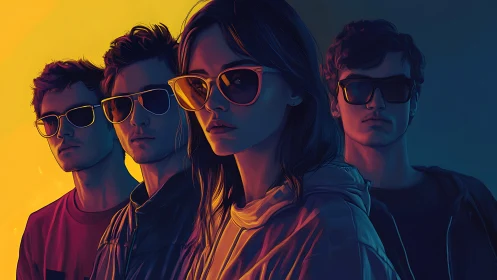 Bold friends in neon light sharing a cool twilight moment.