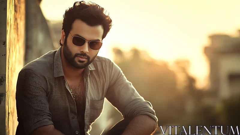 Bearded man leans in golden urban sunset glow portrait.