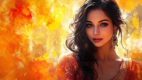Digital portrait of woman in orange dress on warm backdrop.