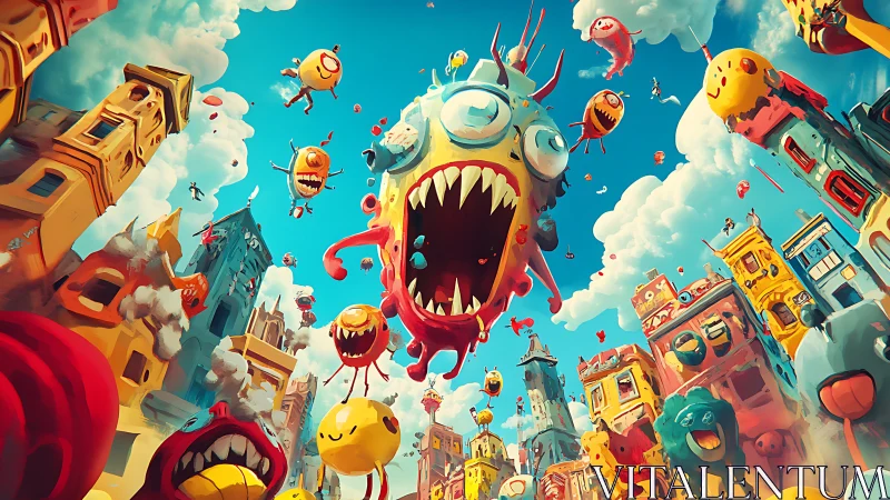 Giant cartoon monster storms surreal city under bright sky