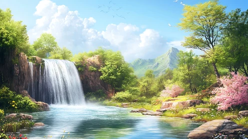Sunlit waterfall cascades into serene, flower-lined river.