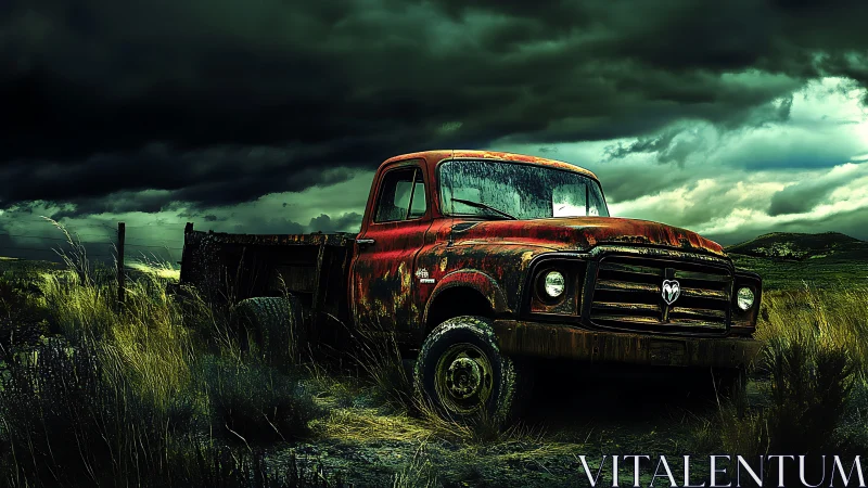 Storm-lit relic truck brooding in a feral prairie dusk.