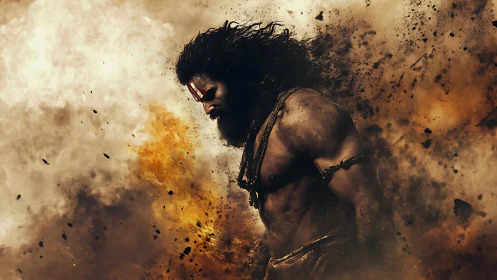 Fierce warrior in swirling fire and ash stands unshaken.