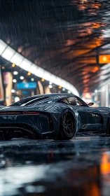Futuristic sports car stands in wet city street under rain