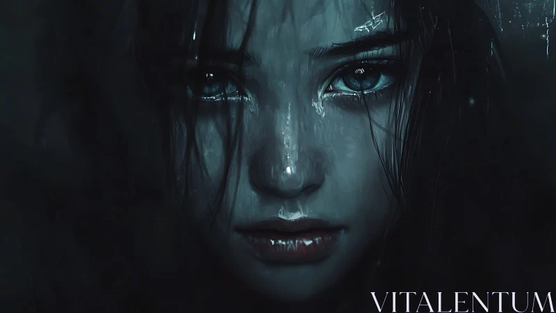 Stormlit gaze of a sorrowful girl in cinematic close-up.