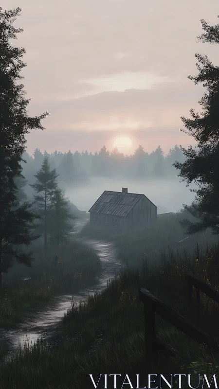 Soft sunrise welcomes a quiet cabin on a misty forest path