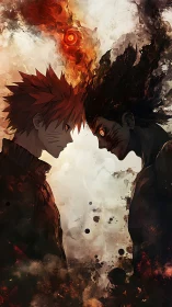 Dual anime silhouettes in fiery abstract confrontation portrait