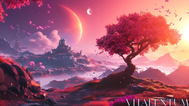 Alien valley landscape with pink tree and distant citadel.