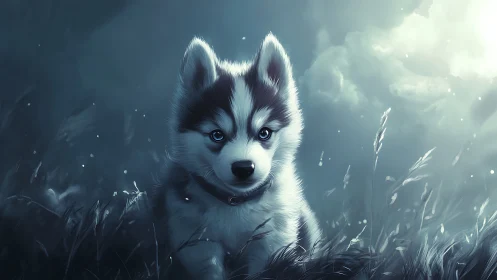 Husky puppy in dim meadow with overcast sky backdrop.
