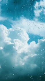 Refracted raindrops on glass with cumulonimbus cloud field.