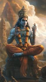 Blue-skinned seated deity rendered in detailed temple setting