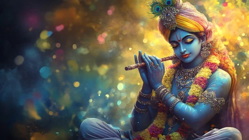 Divine blue figure plays flute in luminous garlanded aura.