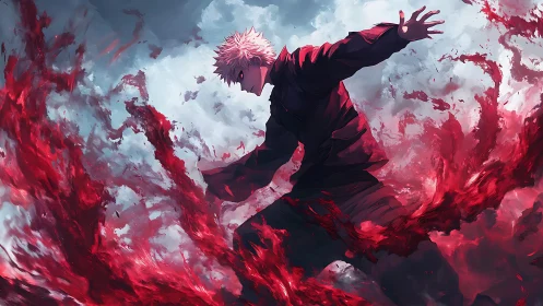 Crimson storm coils as a lone fighter carves through chaos