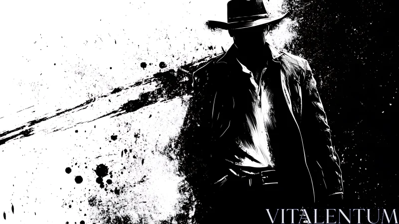 Silhouetted figure in hat stands against splattered backdrop