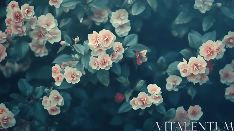 Pink roses with teal foliage in muted garden setting.